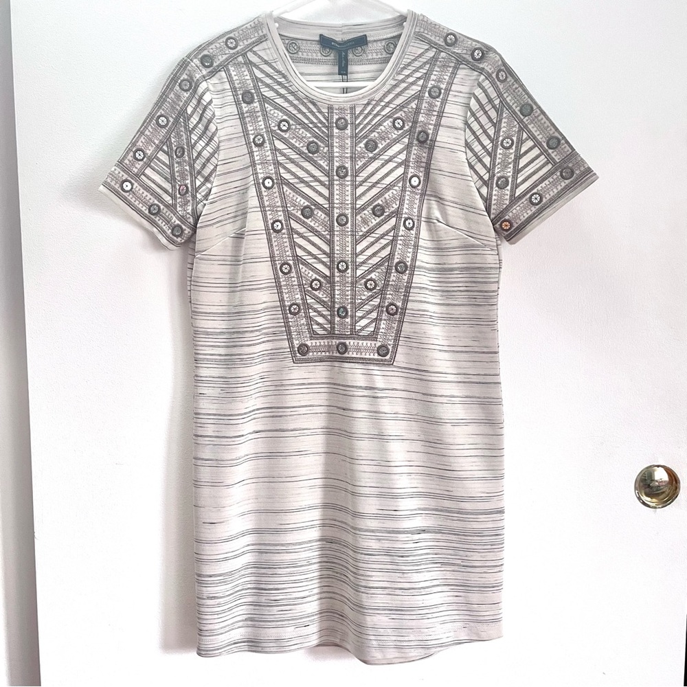 New BCBG MaxAzria “Ava” Striped Canvas Dress with Geometric Embroidery Sequins